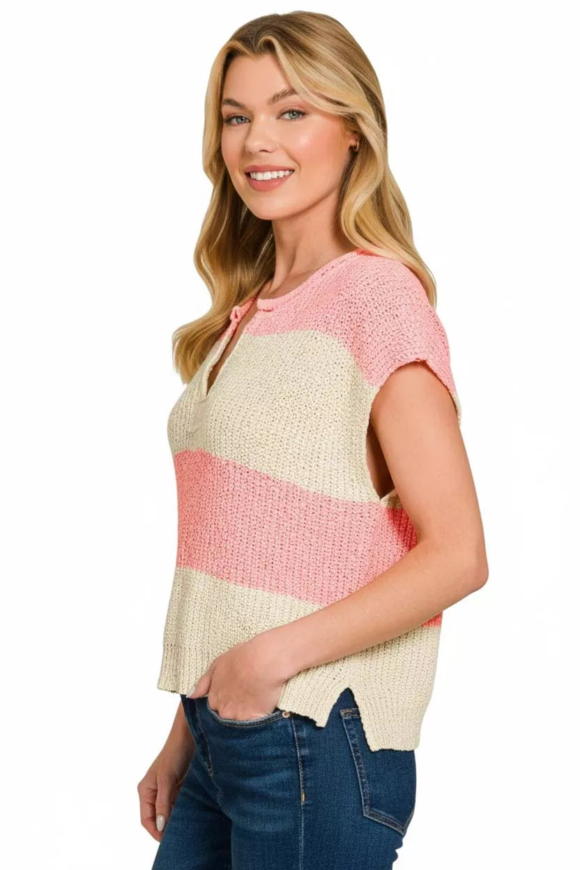 Split Neck Sleeveless Stripe Sweater