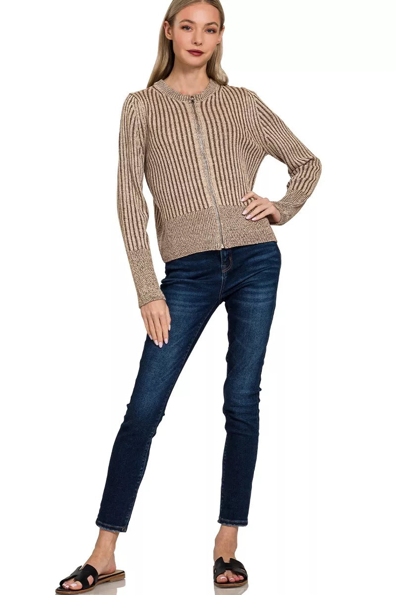 Ribbed Two Tone Zip Up Sweater Cardigan