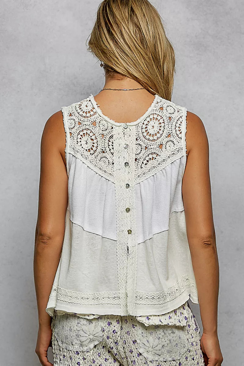 Round Neck Sleeveless Top with Crochet Contrast