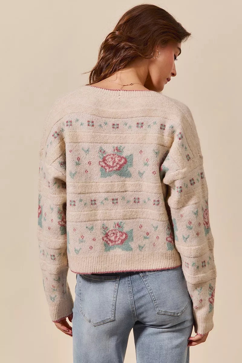 Floral Pattern Long Sleeve Button Sweater Cardigan