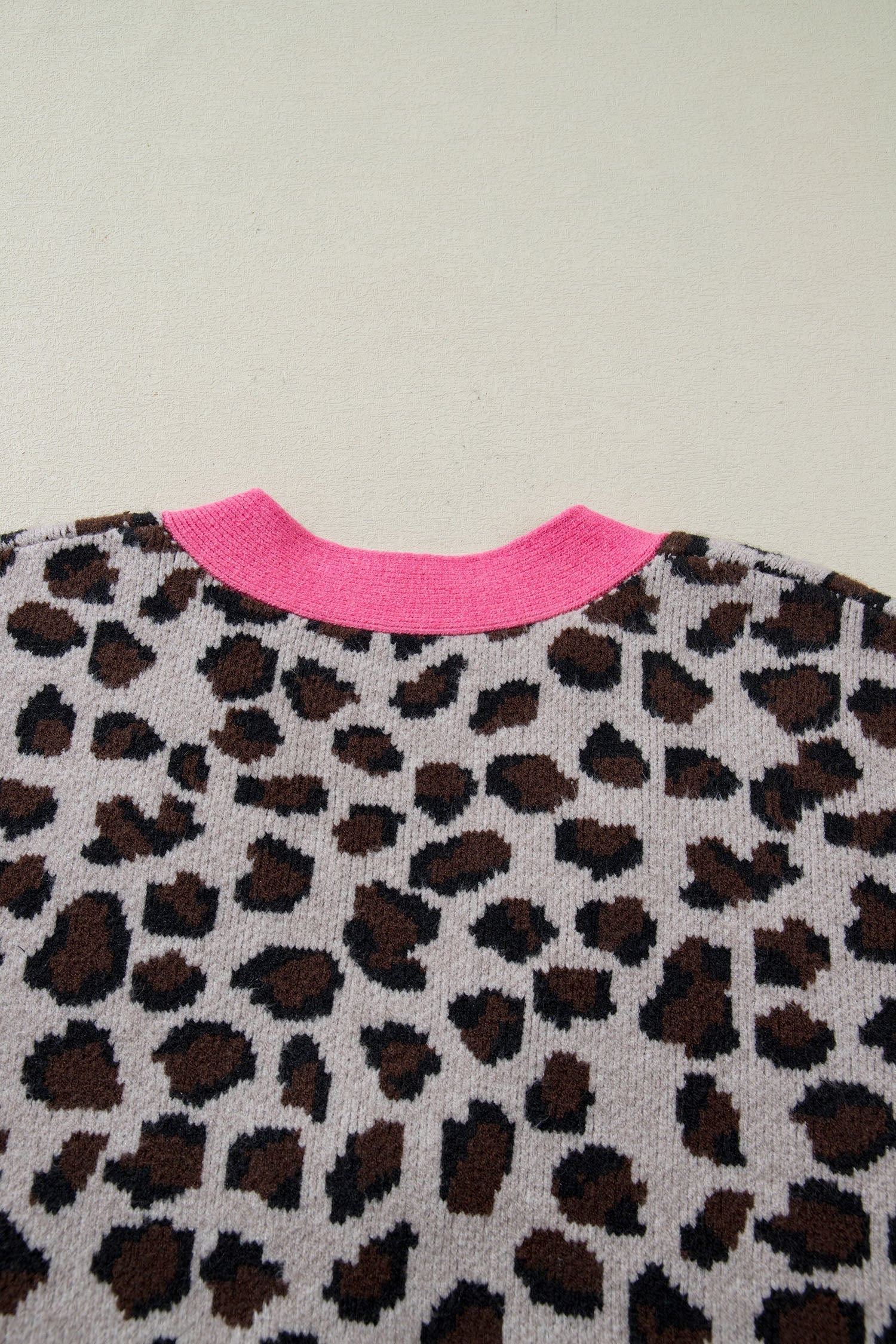 Khaki Oversize Color Block Trim Button Down Leopard Print Cardigan