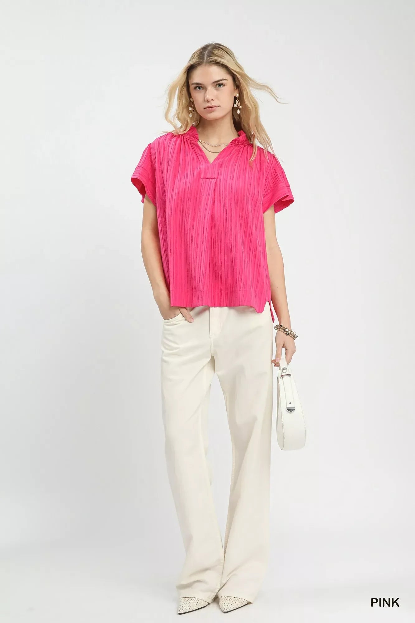 Texture Flutter Sleeve Notched Blouse