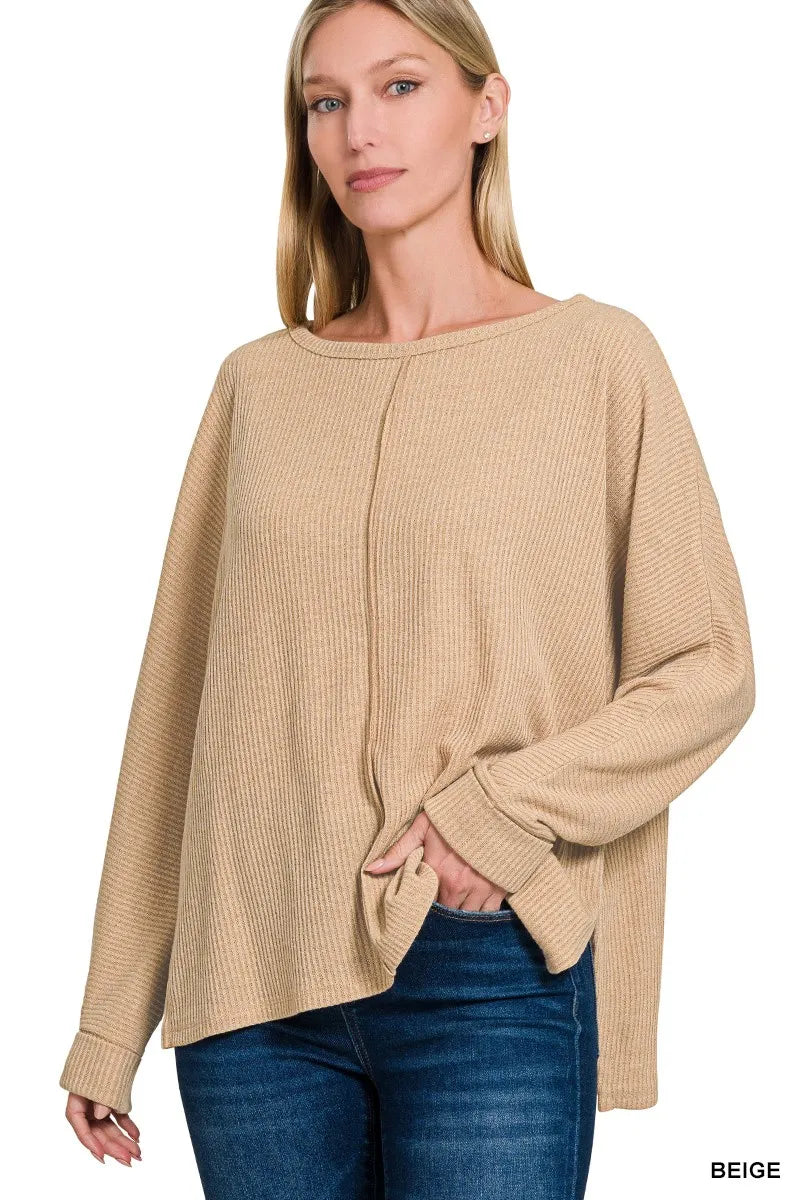 Ribbed Center Seam Dolman Sleeve Hi Low Sweater