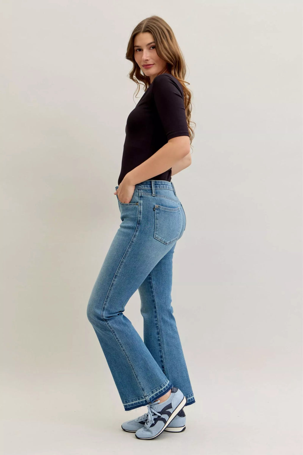 Full Size Mid Rise Slim Bootcut Tummy Control Release Hem Jeans Plus Size