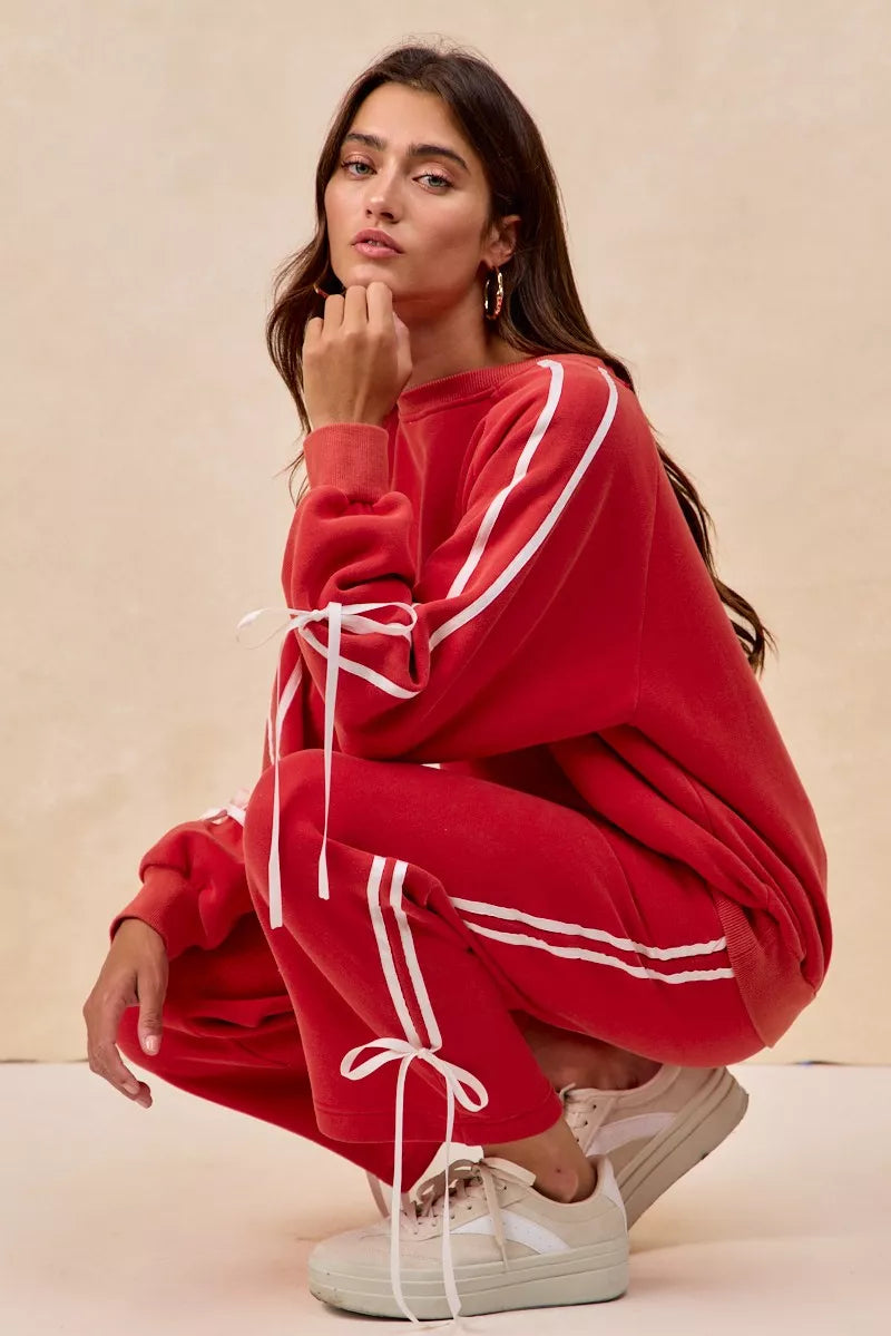 Side Lined Bow Details Fleece Sweatpants