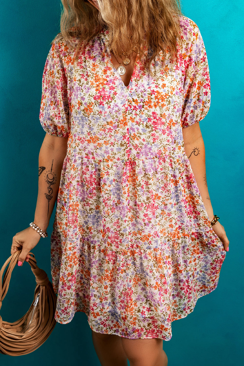 Red Floral Puff Sleeve Notched V Neck Tiered Mini Dress