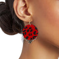 Statement Leather Circle Earrings with Red Animal Print, Trendy Fashion Jewelry