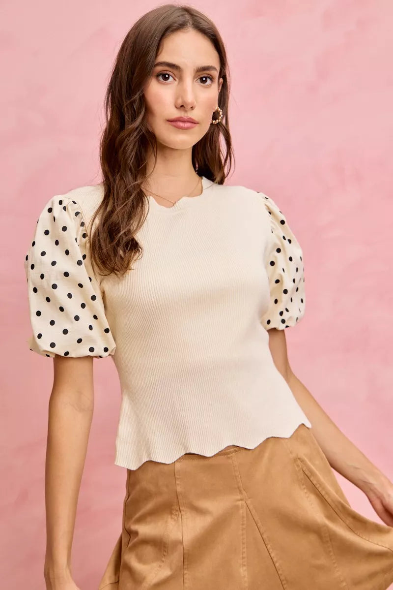 Polka Dot Contrast Woven Ballon Sleeve Blouse