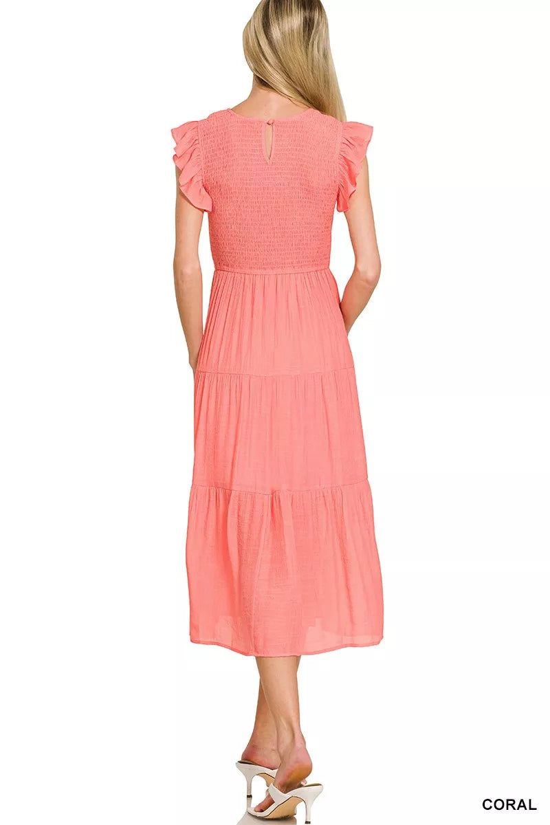 Woven Smocked Ruffle Sleeve Midi Dress