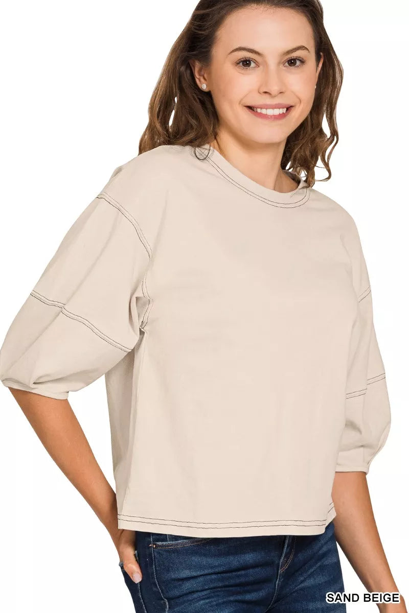 Balloon Sleeve Top with Contrast Stitching