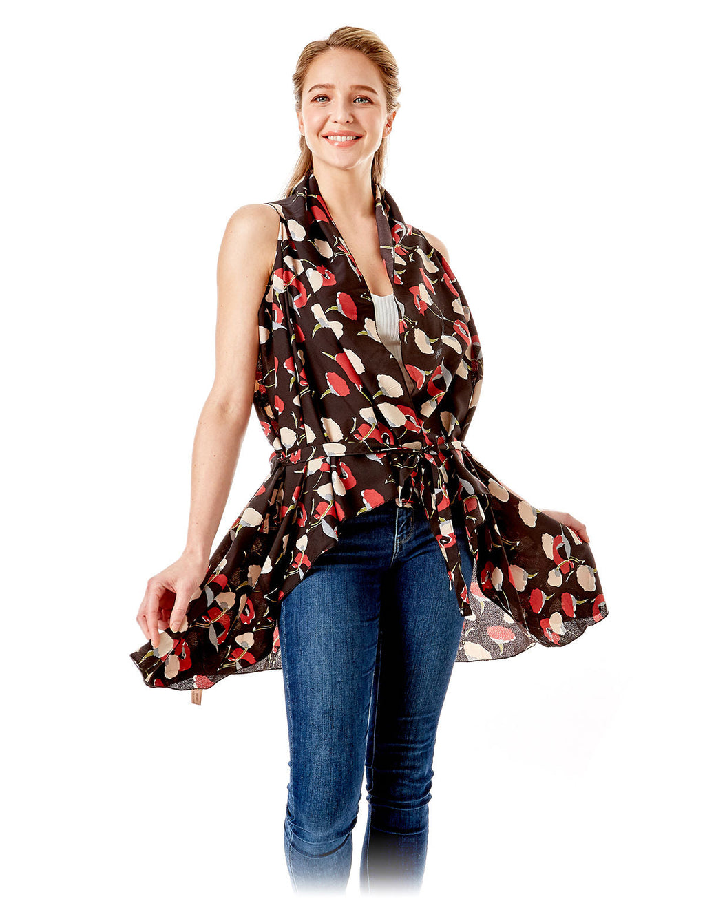 Women’s Black Floral Vest Cover Up Stylish Casual Layered Top