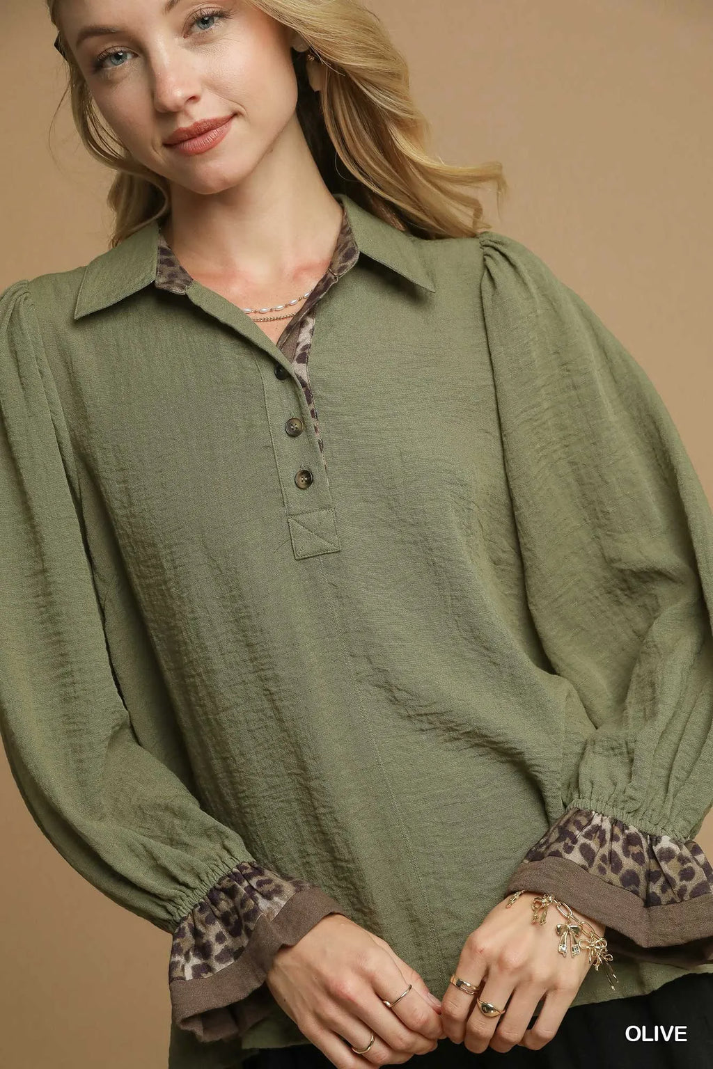 Half Button Blouse with Leopard Print Trim
