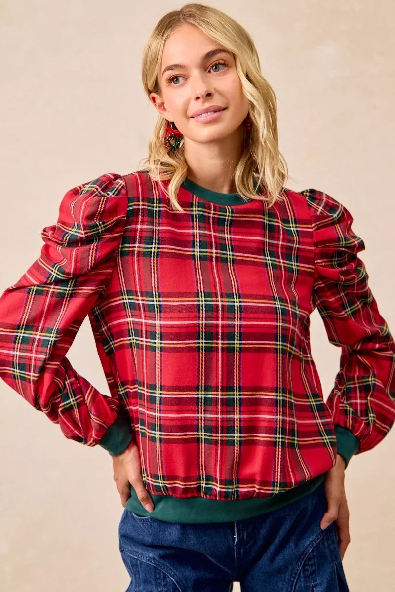 Christmas Plaid Exaggerated Shoulder Sleeves Top