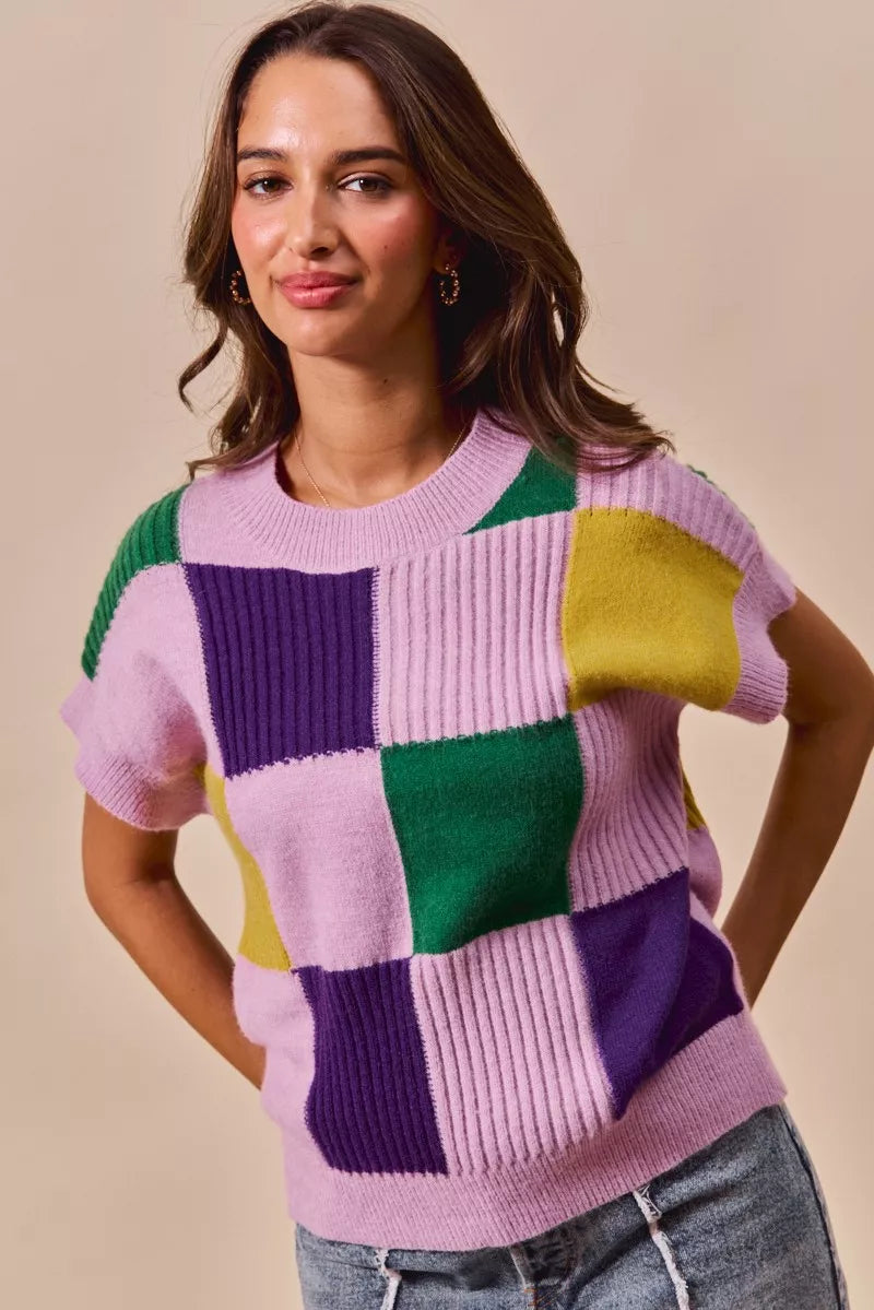 Mardi Gras Check Plaid Casual Sweater Top