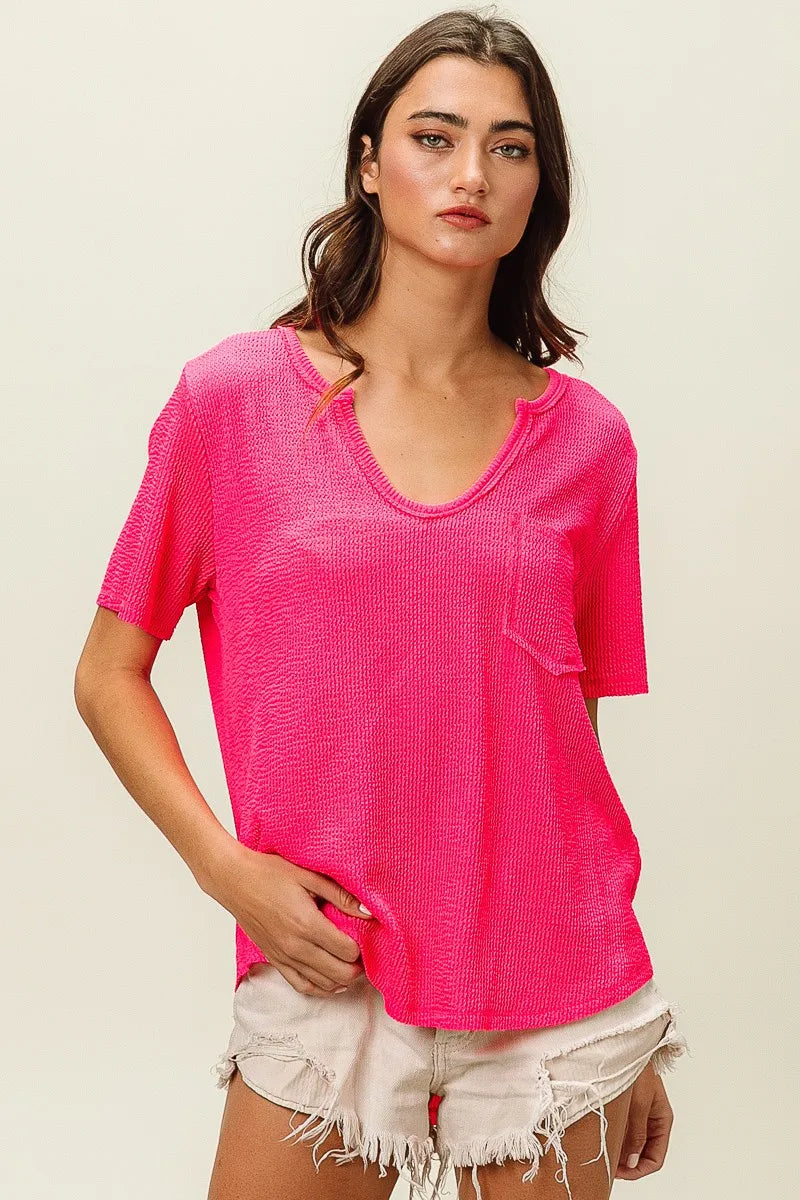 Waved Rib U Neck Top With Front Pocket