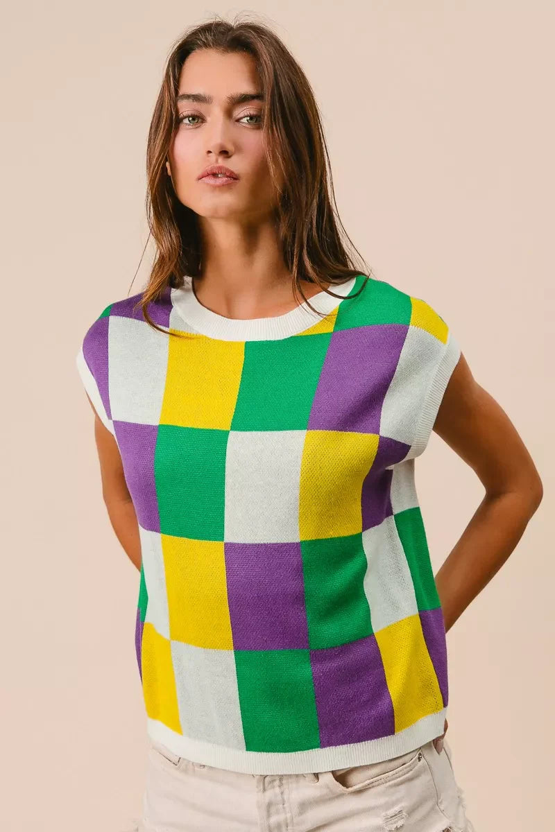 Mardi Gras Checker Pattern Sleeveless Sweater Top