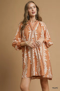 Leaf Print Notched Mini Babydoll Dress