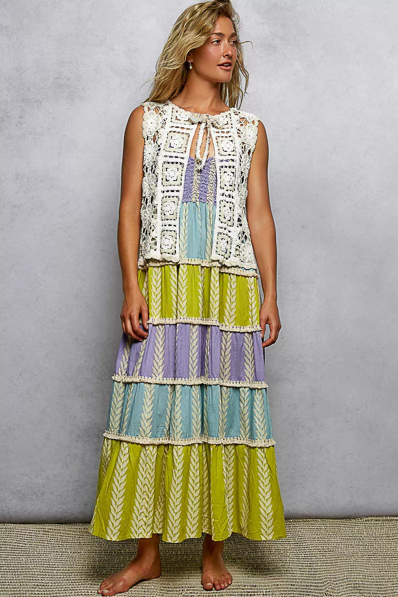 Tie Front Floral Pattern Crochet Vest with Scalloped Edge