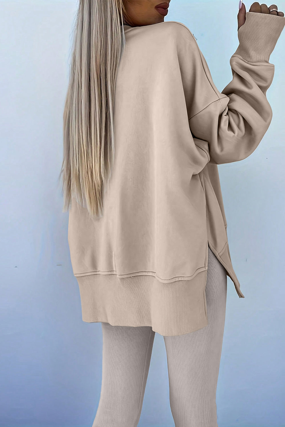 Jet Stream Solid Color Oversize Slit Sweatshirt Ribbed Leggings 2pcs Set