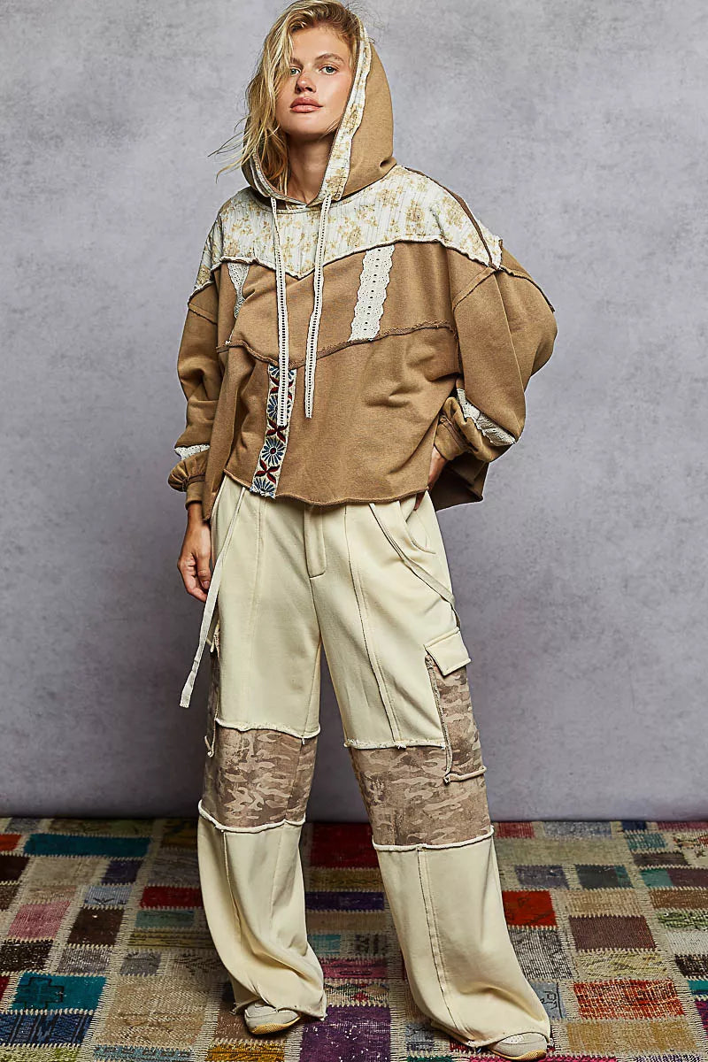 Drawstring French Terry Hoodie with Gauze Print Patch