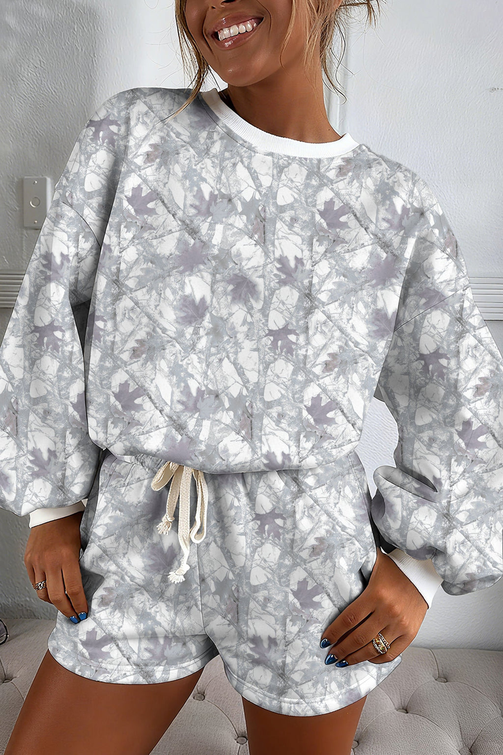 Light Grey Abstract Woodland Camo Print Baggy Pullover Drawstring Shorts Set
