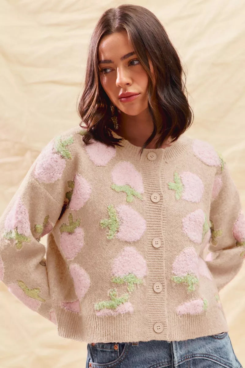 Strawberry Fruit All Over Button Sweater Cardigan