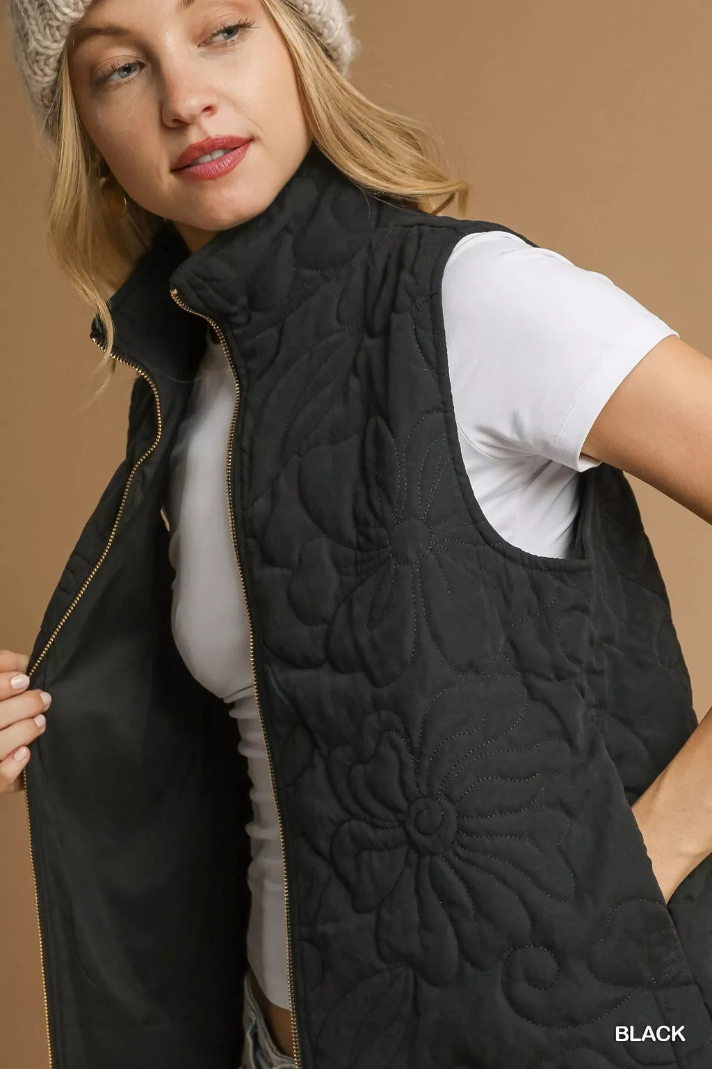 Quilted Floral Zip Up Vest with Pockets