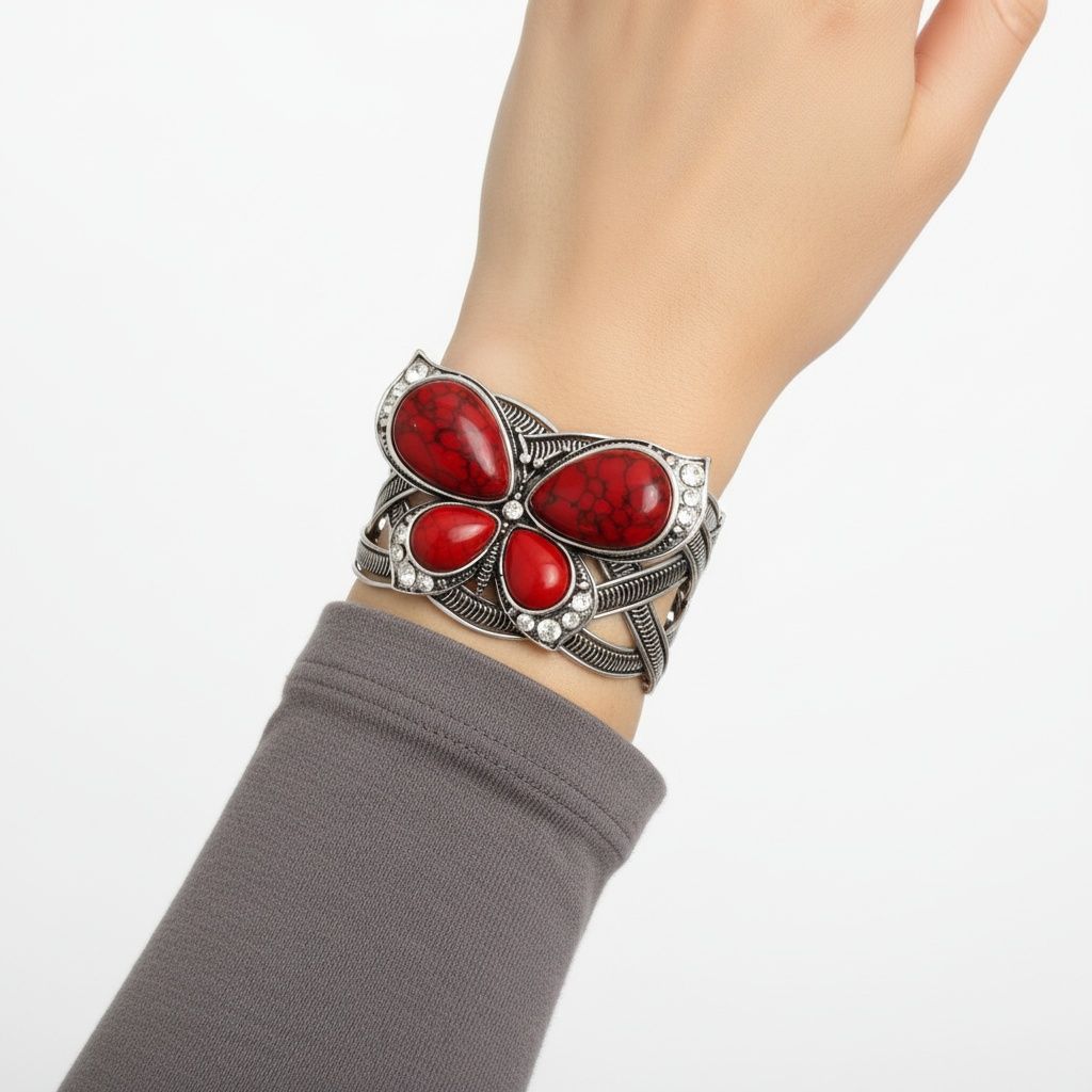 Statement Burnished Silver Cuff Bracelet with Red Butterfly Detail