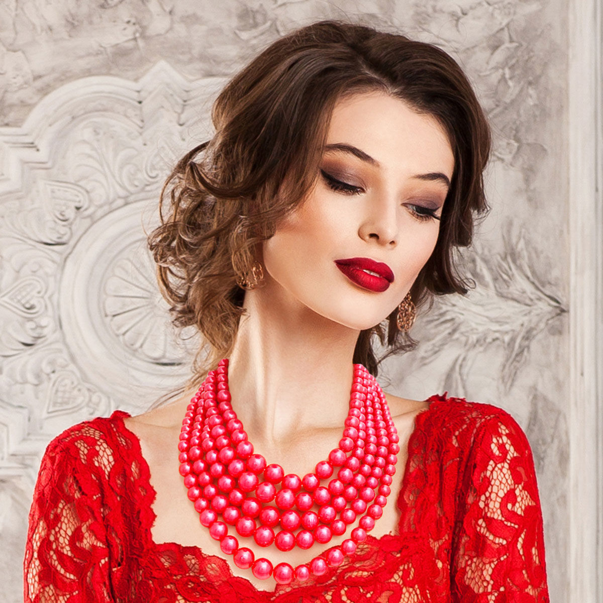 Layered Red Pearl Necklace 5-Layer Statement Jewelry Set