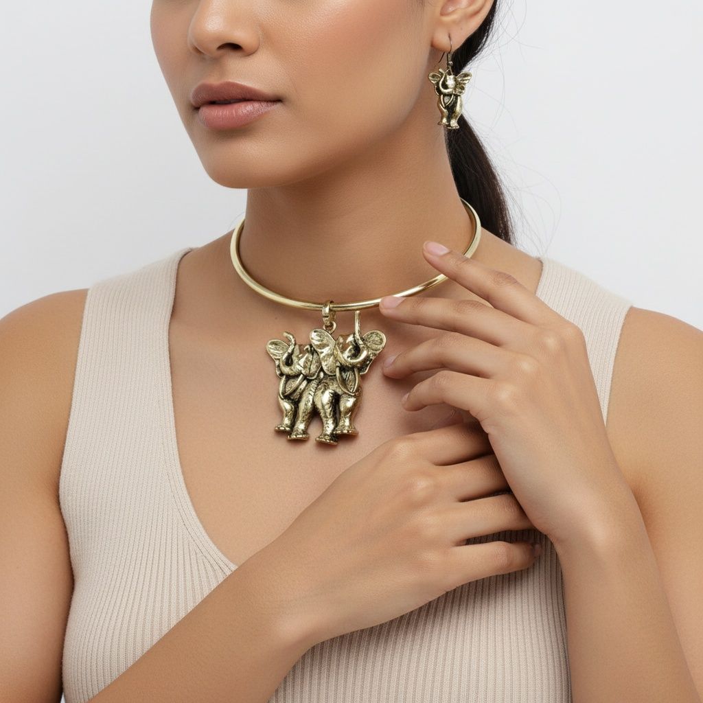 Statement Choker Necklace Burnished Gold Double Elephant Pendant Stylish Jewelry