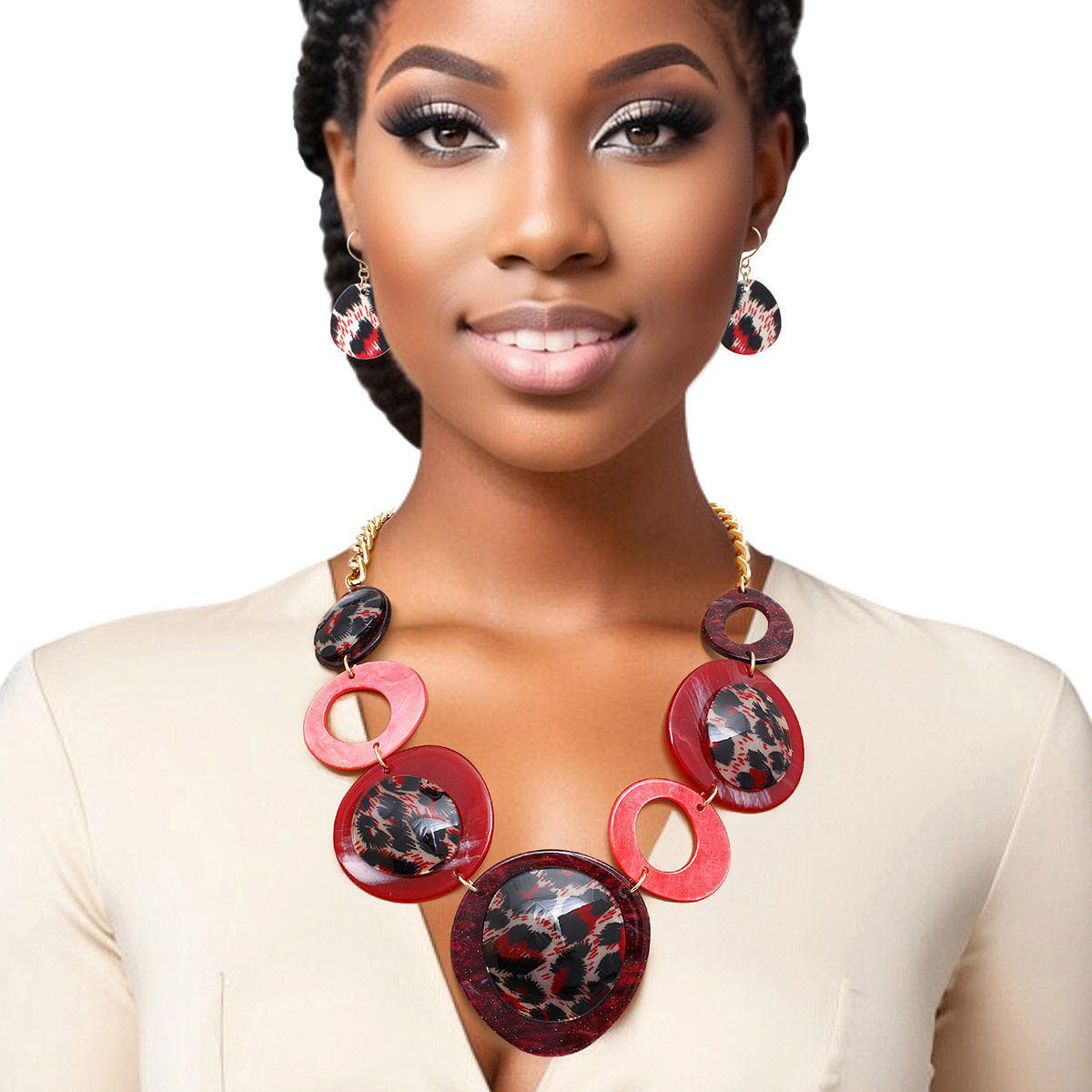 Statement Necklace with Marbled Red Leopard Links for Women, Trendy Fashion Jewelry