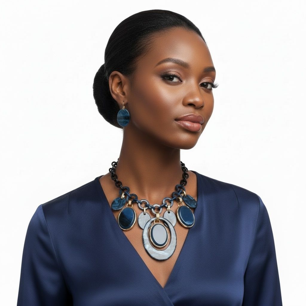 Statement Necklace Blue Glitter Oval Swirled Set for Women Stylish Chic Jewelry