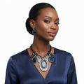 Statement Necklace Blue Glitter Oval Swirled Set for Women Stylish Chic Jewelry