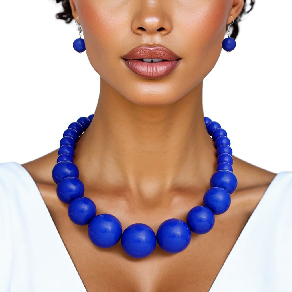 Statement Graduated Bead Necklace, Royal Blue Beaded Ball, Stylish Chic Accessory