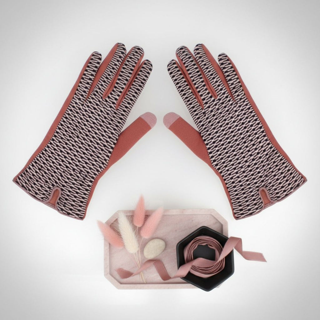Winter Touchscreen Gloves Pink Mauve Cross Wavy Stylish Casual