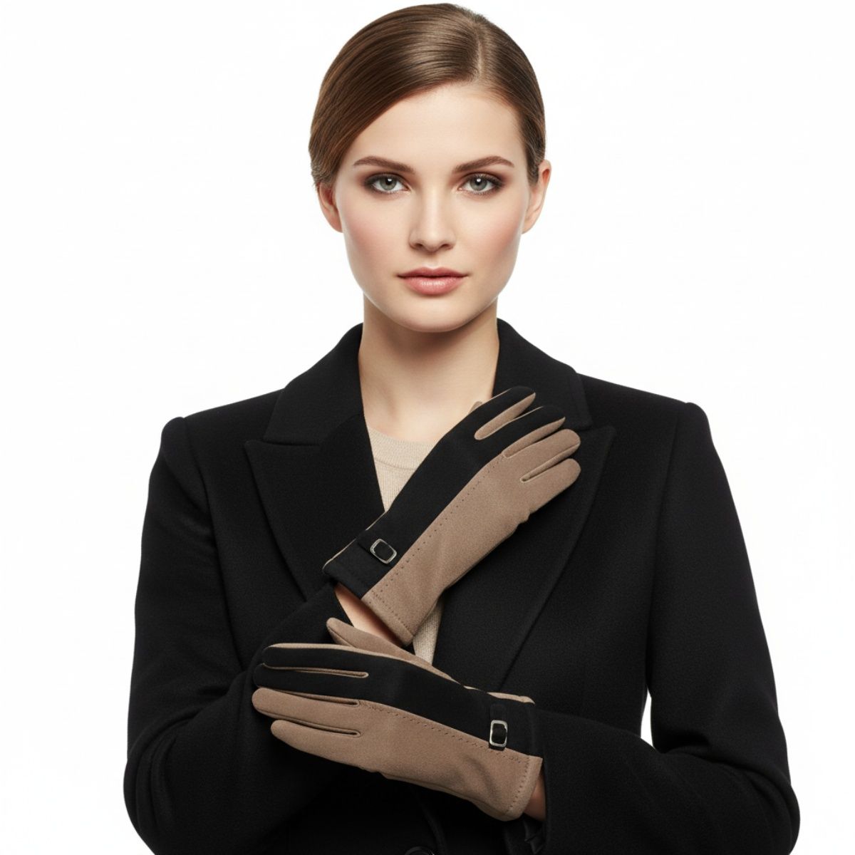 Winter Touchscreen Gloves, Black Taupe Faux Suede, Stylish and Casual