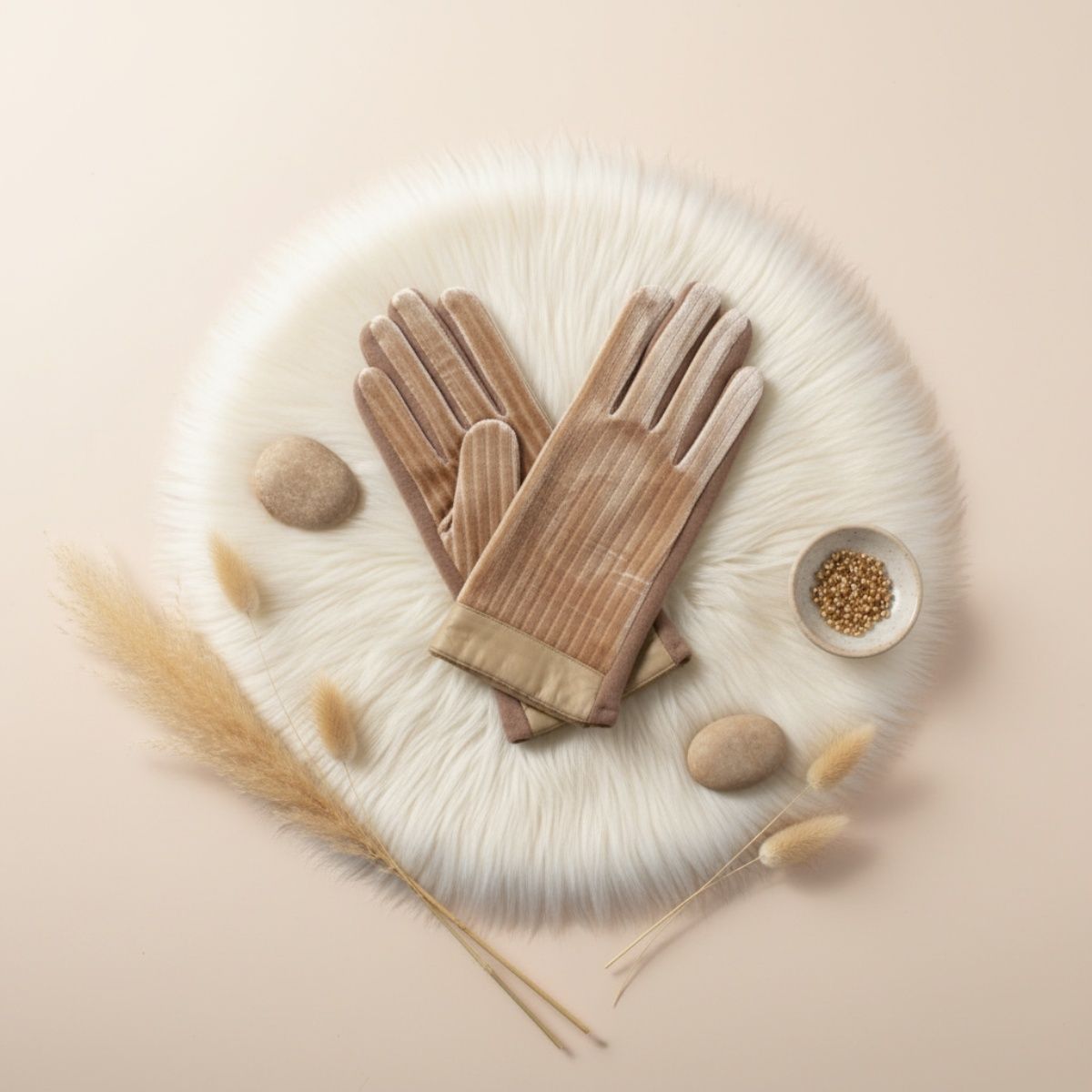 Winter Gloves Beige Fur Stripe Leather Touchscreen Stylish Casual