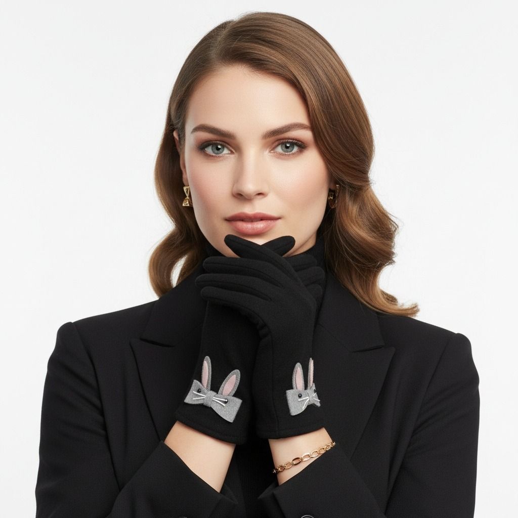 Winter Woolen Touchscreen Gloves Black with Cute Rabbit Detail Stylish and Trendy