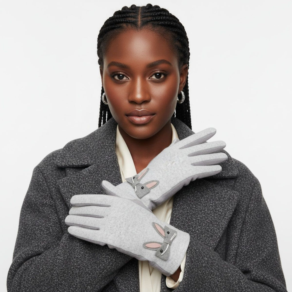Winter Woolen Touchscreen Gloves Gray with Cute Rabbit Detail Stylish and Trendy