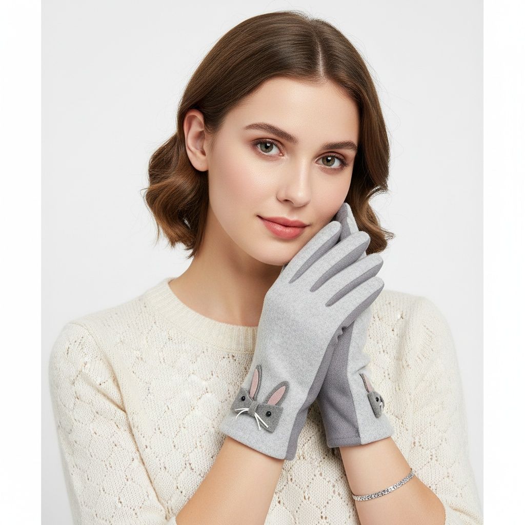 Winter Woolen Touchscreen Gloves Gray with Cute Rabbit Detail Stylish and Casual