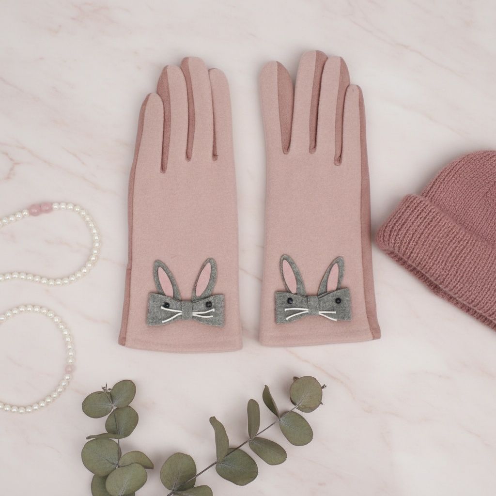 Winter Woolen Touchscreen Gloves with Cute Pink Rabbit Design, Stylish and Trendy