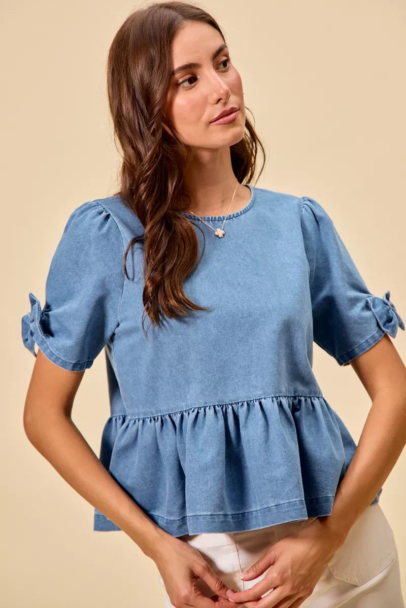 Denim Bow Detail Short Sleeves Peplum Top