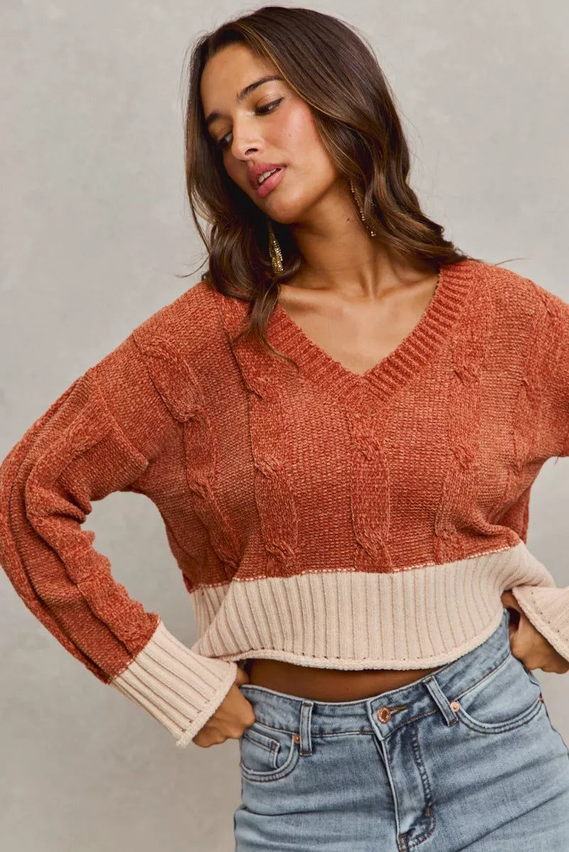 Chenille Cable Knit V Neck Contrast Cropped Sweater