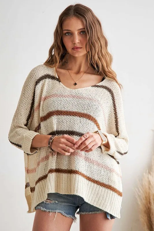 Full Size Multi Color Strip Sweater Plus Size