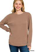 Full Size Raised Rib Round Neck Long Sleeve Top Plus Size