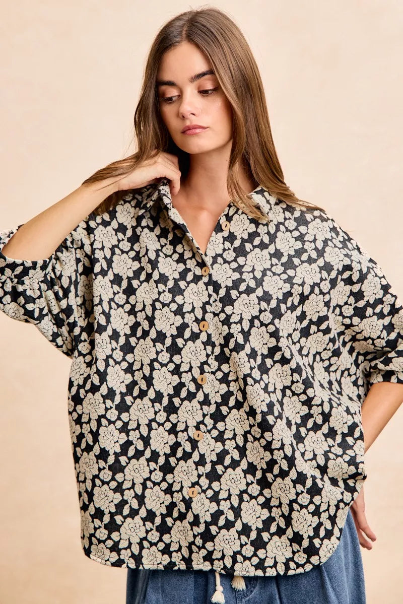 Floral Jacquard Short Dolman Sleeves Shirt