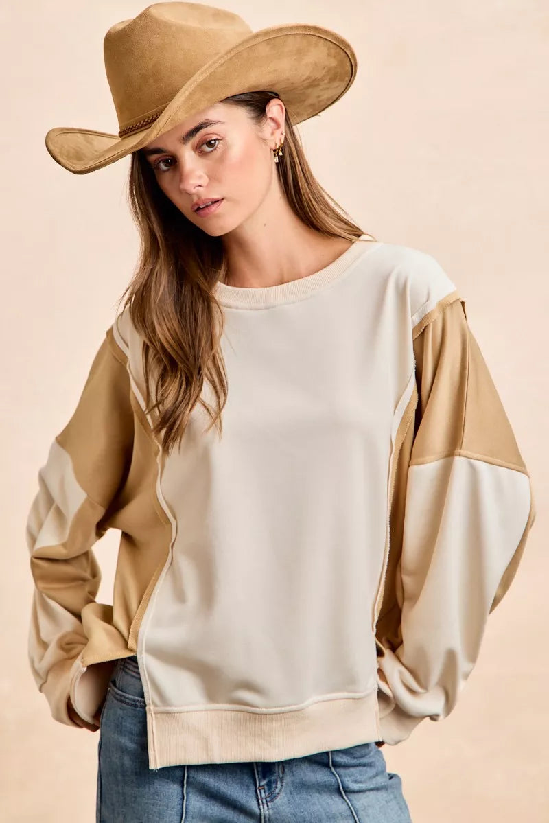 French Terry Color Block Top With Open Seam Detail
