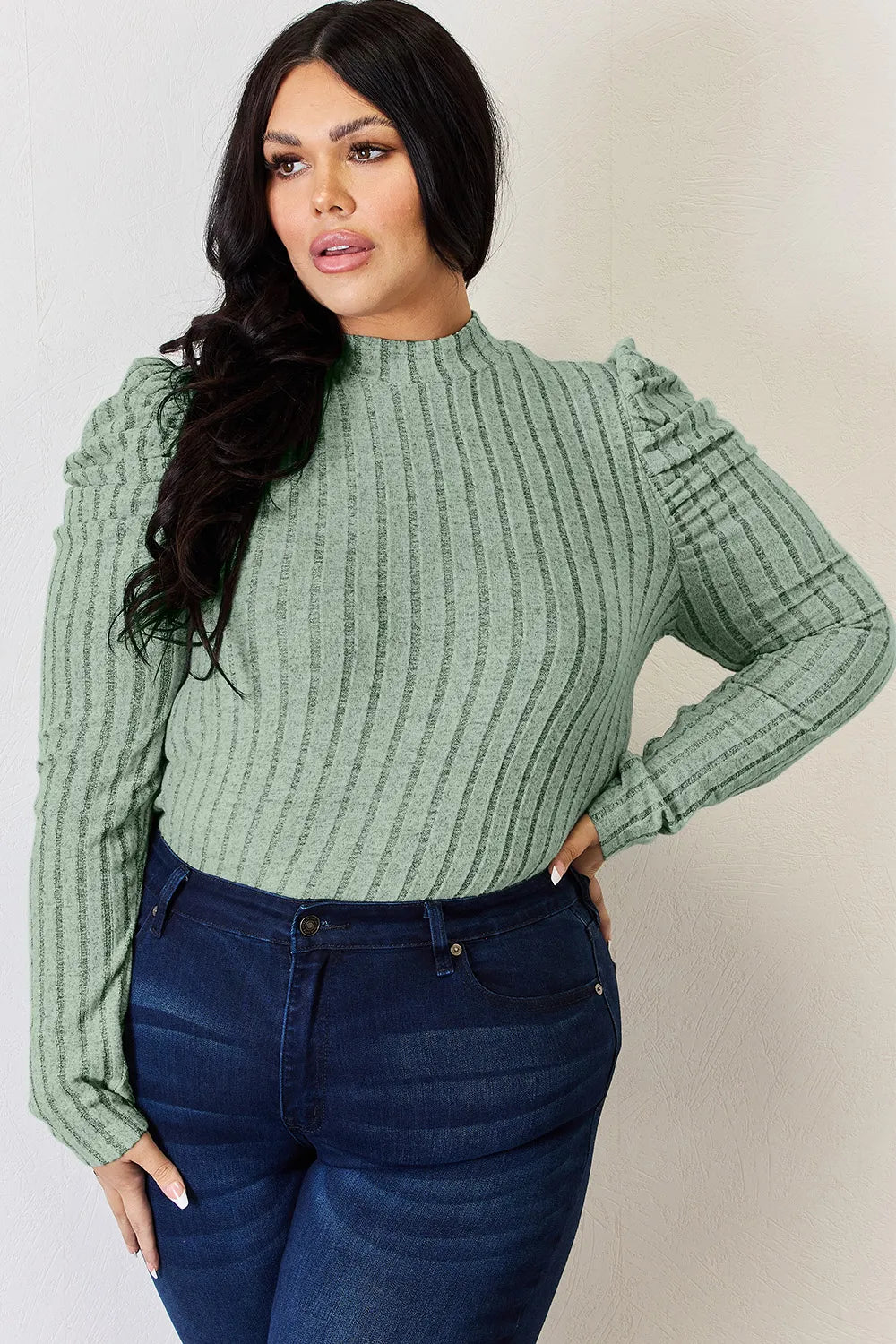 I am a Fashion junky Full Size Ribbed Mock Neck Puff Sleeve T-Shirt