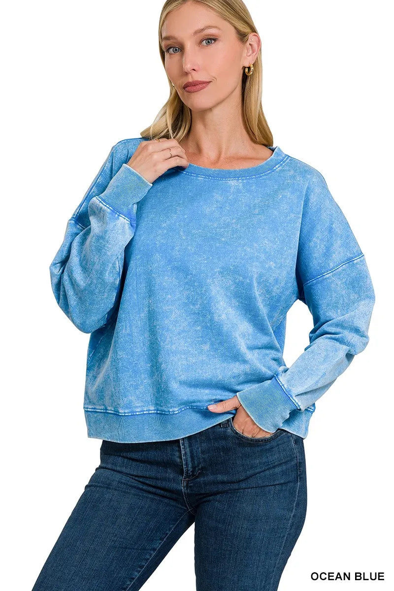 French Terry Acid Wash Boat Neck Sweatshirt