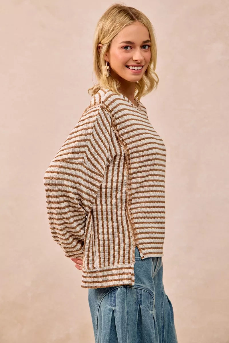 Open Seam Detail Textured Stripe Knit Top